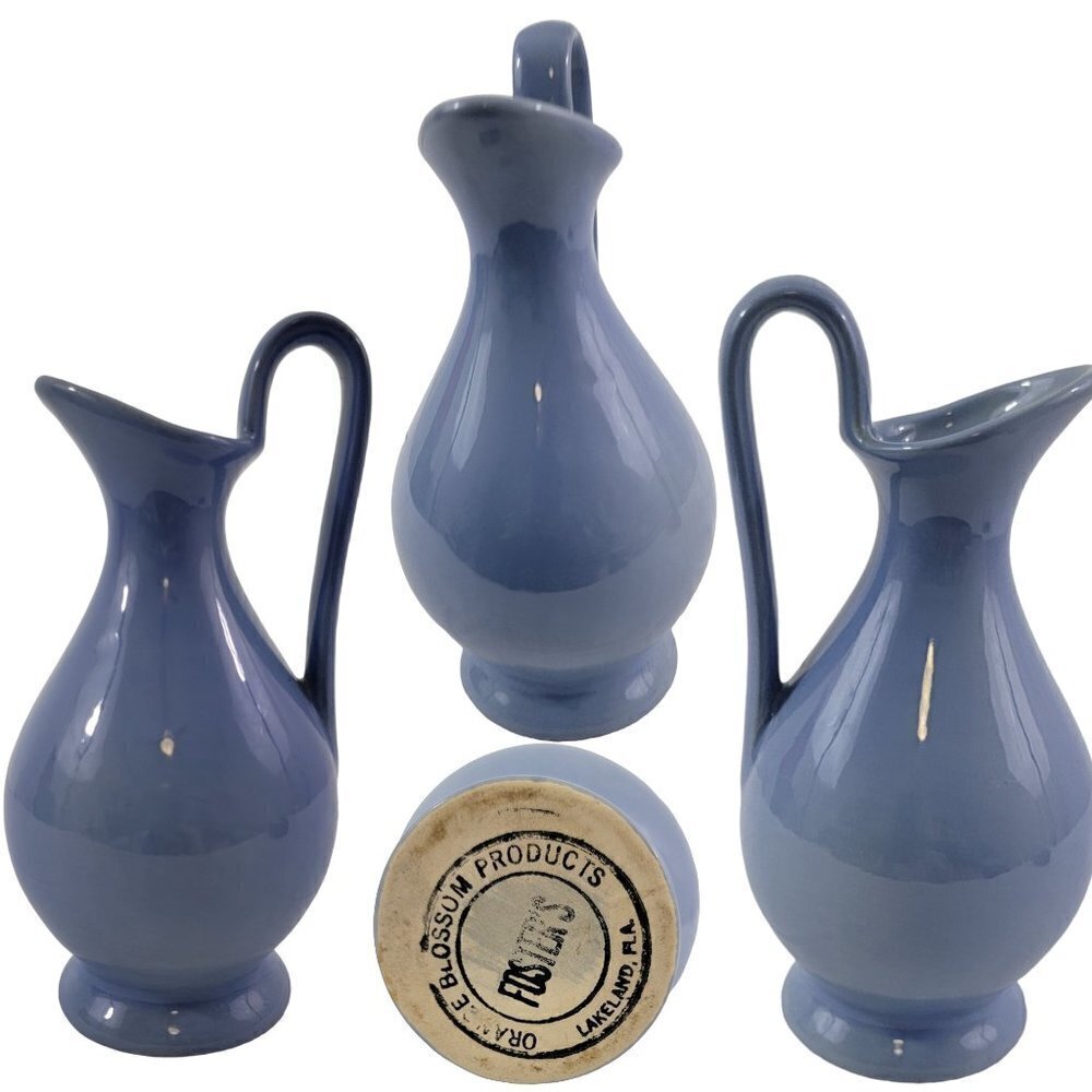 Vintage Foster’s Orange Blossom Collectible Blue Vase Pottery Pitcher W/ Handle